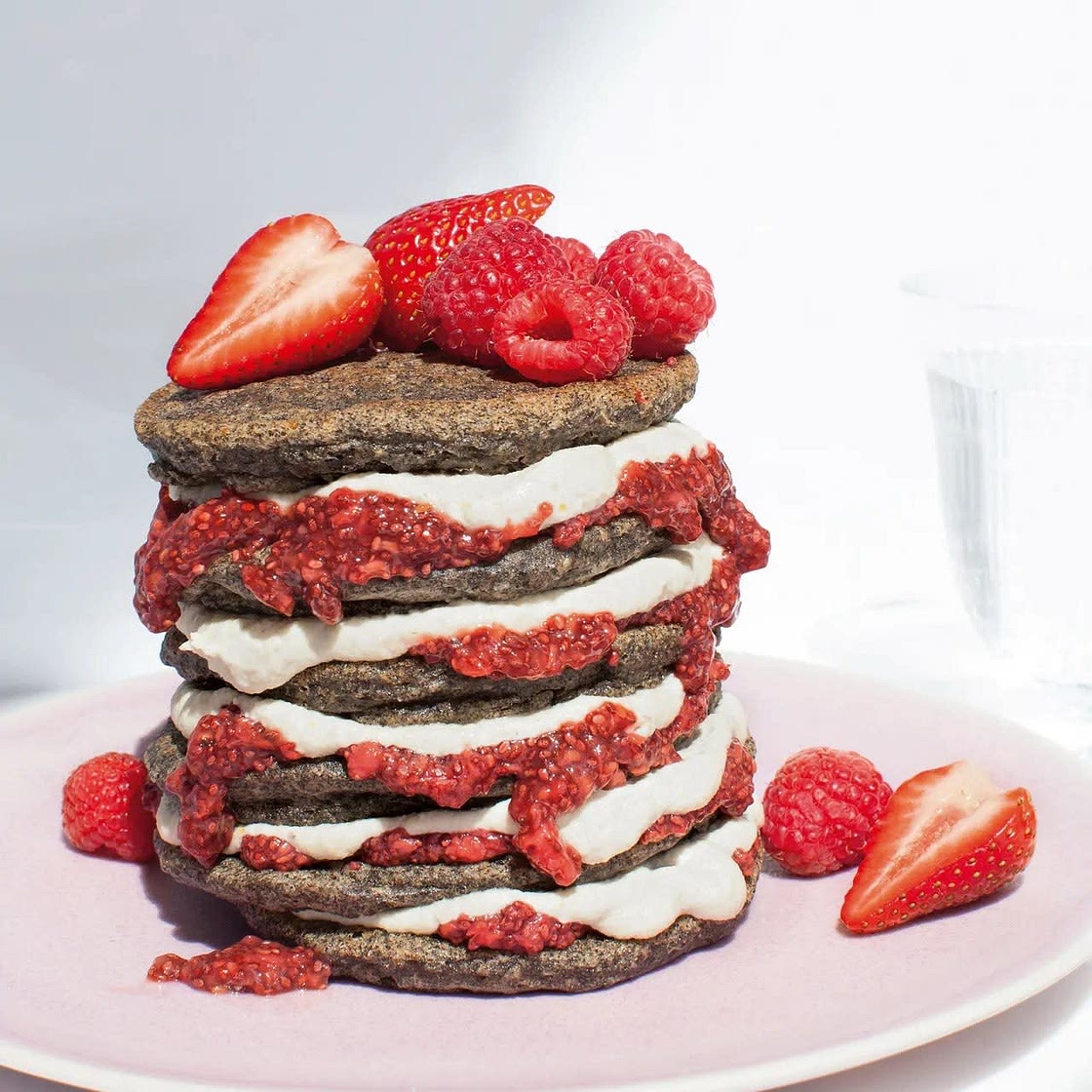 Superfood Pancakes with Chia-Berry Compote & Lemon-Cashew Crème