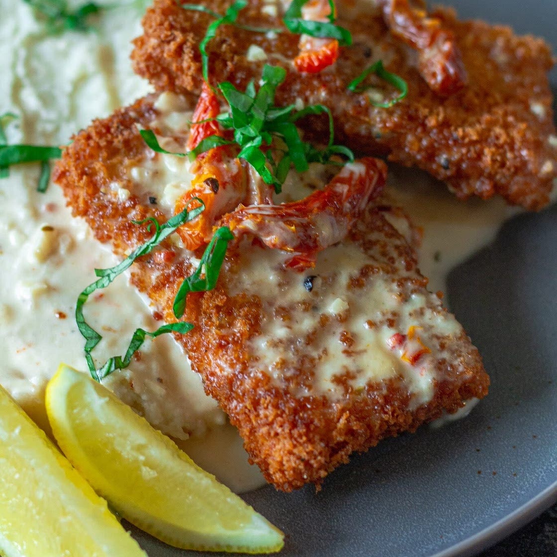 Parmesan Crusted Tofu with Lemon Chardonnay Butter Sauce 