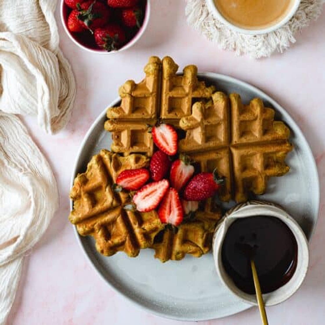 Fluffy Pumpkin Protein Waffles with Protein Chocolate Sauce