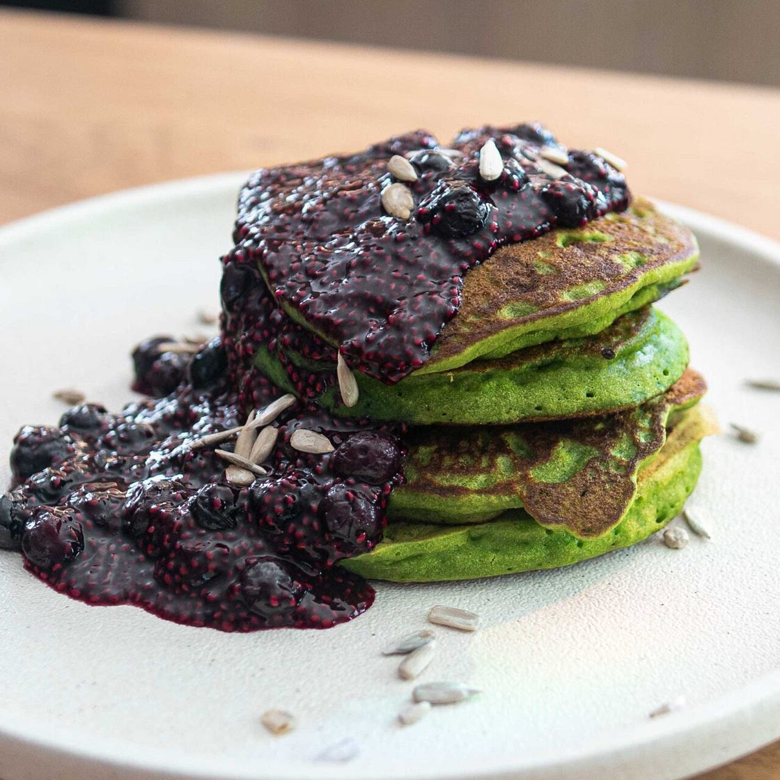Green Pancakes with Blueberry Syrup