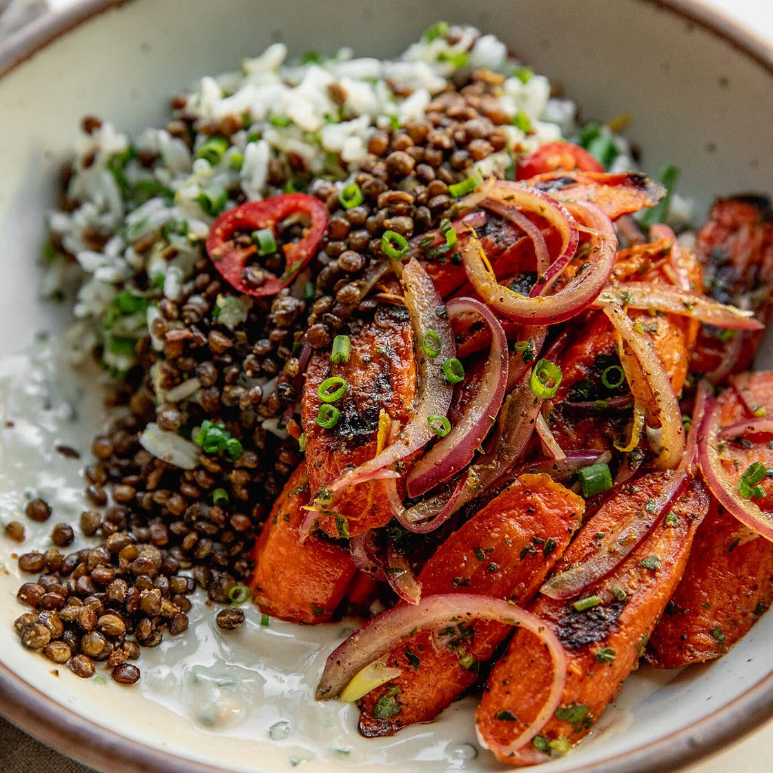 Roasted lentils and carrots with marinated onions