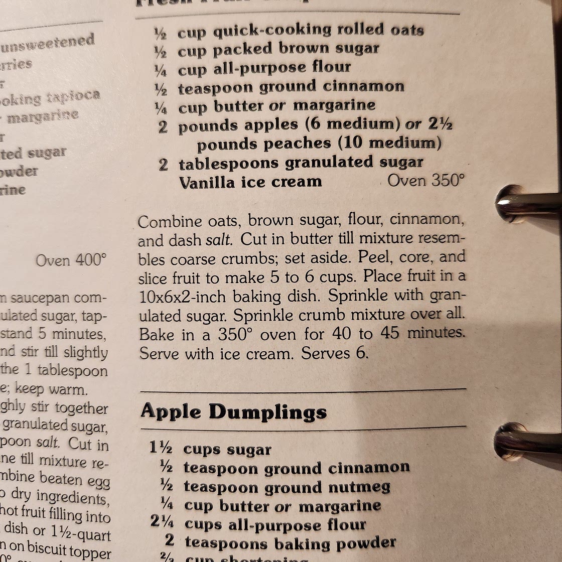 Fresh Fruit Crisp (apple or peach) (red cookbook)