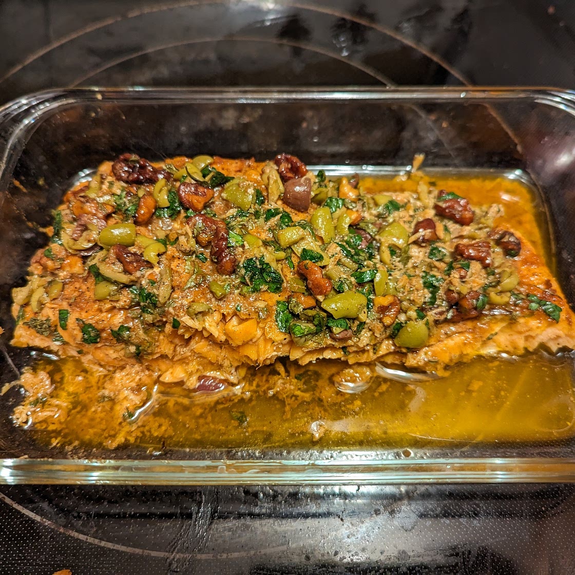 Baked Salmon with Olive and Walnut topping
