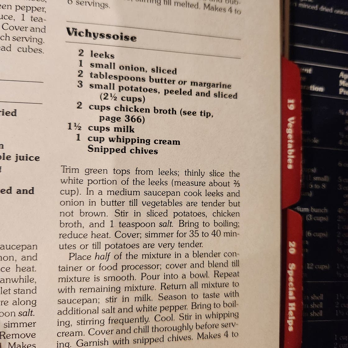 Vichyssoise (chilled leek onion potato soup) (red cookbook)
