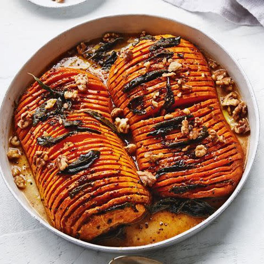 Hasselback pumpkin with sage and walnuts