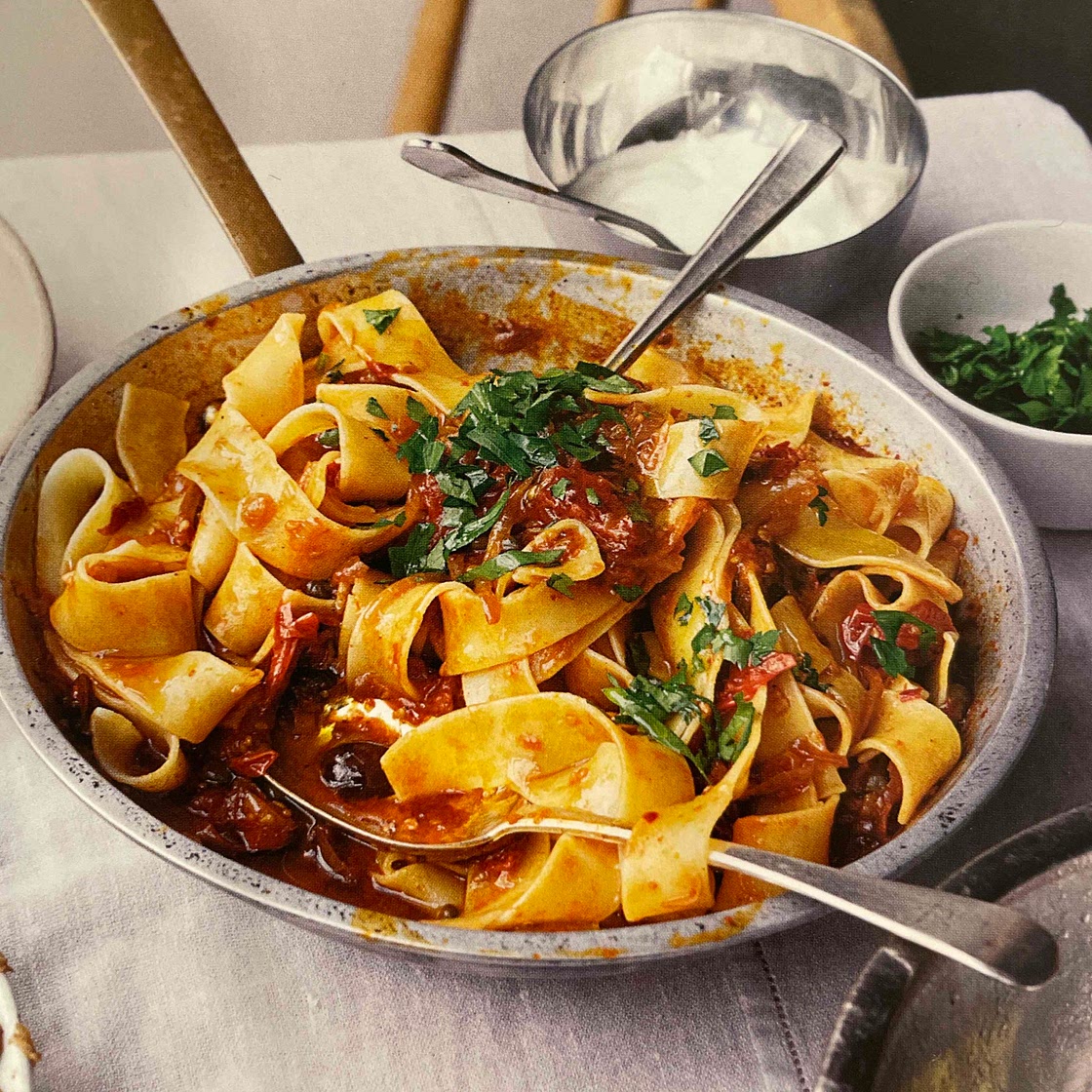Pappardelle with rose harissa, black olive (Ottolenghi)