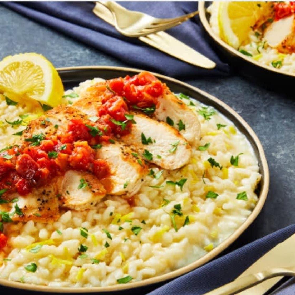 Tomato Bacon Jam Chicken and Lemon Herb Risotto