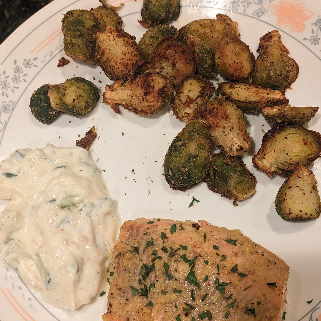 Roasted Salmon and Sprouts with Tzatziki