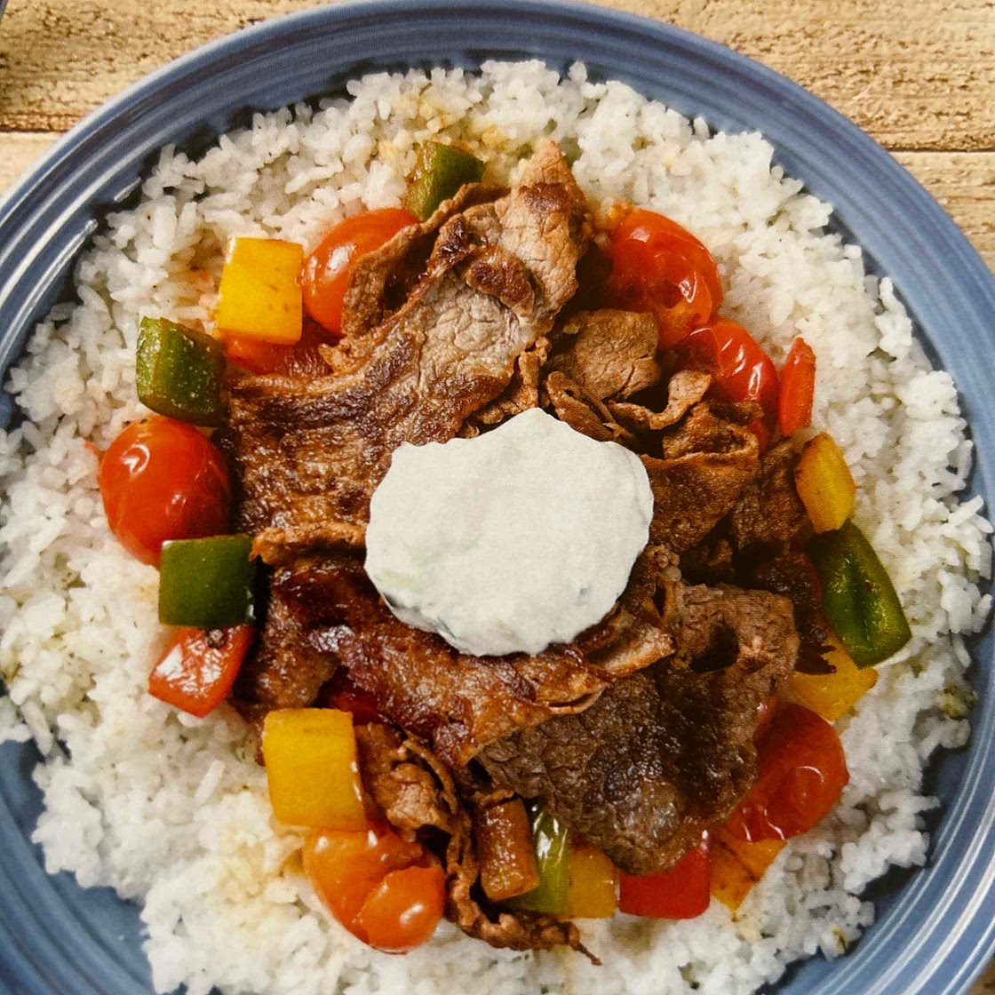 Shawarma style steak strip rice bowl