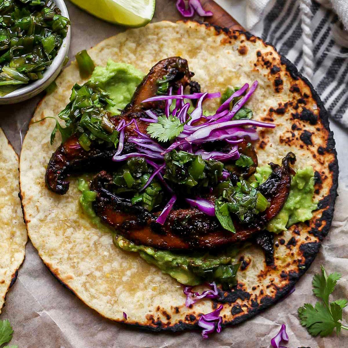 Portobello Tacos with Charred Scallion Salsa Verde