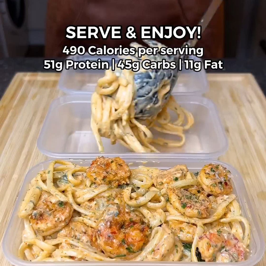 High Protein Creamy Garlic Shrimp Linguine