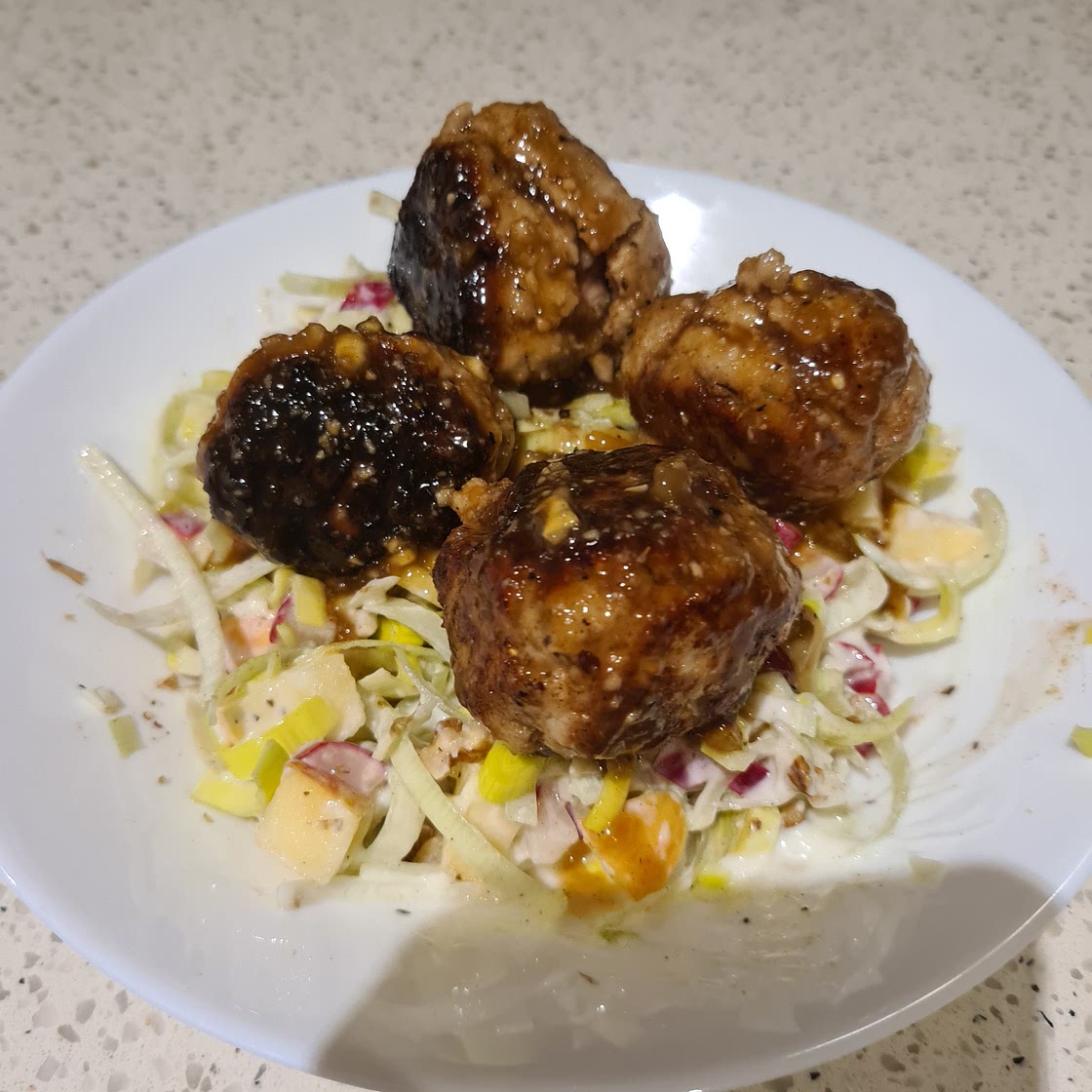 Honey Pork Meatballs with Leek Slaw