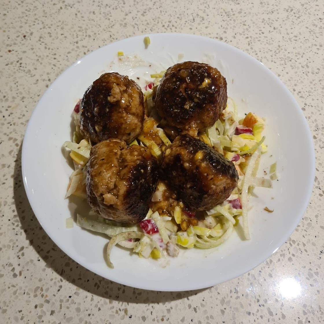 Honey Pork Meatballs with Leek Slaw