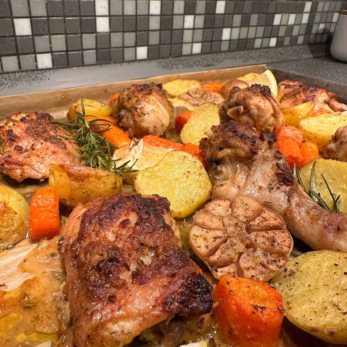 Sheet Pan Lemon Rosemary Dijon Chicken with Feta Goddess Sauce