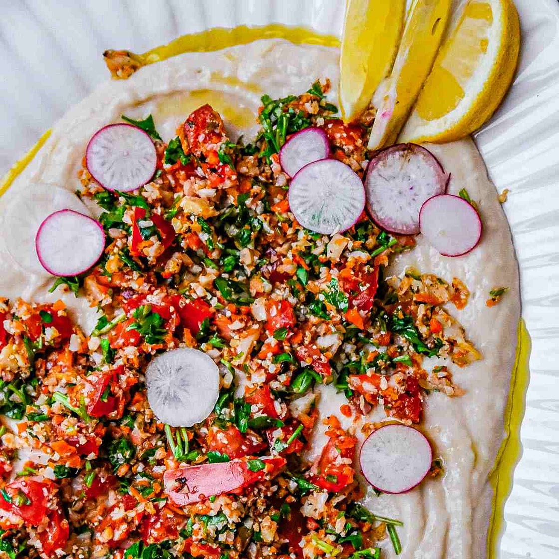 Roasted Vegetable Tabbouleh on Garlicky White Bean Dip
