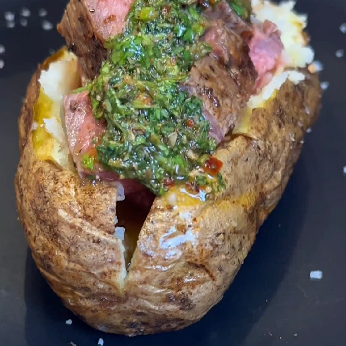 Loaded Potato with Steak Bites and Chimichurri