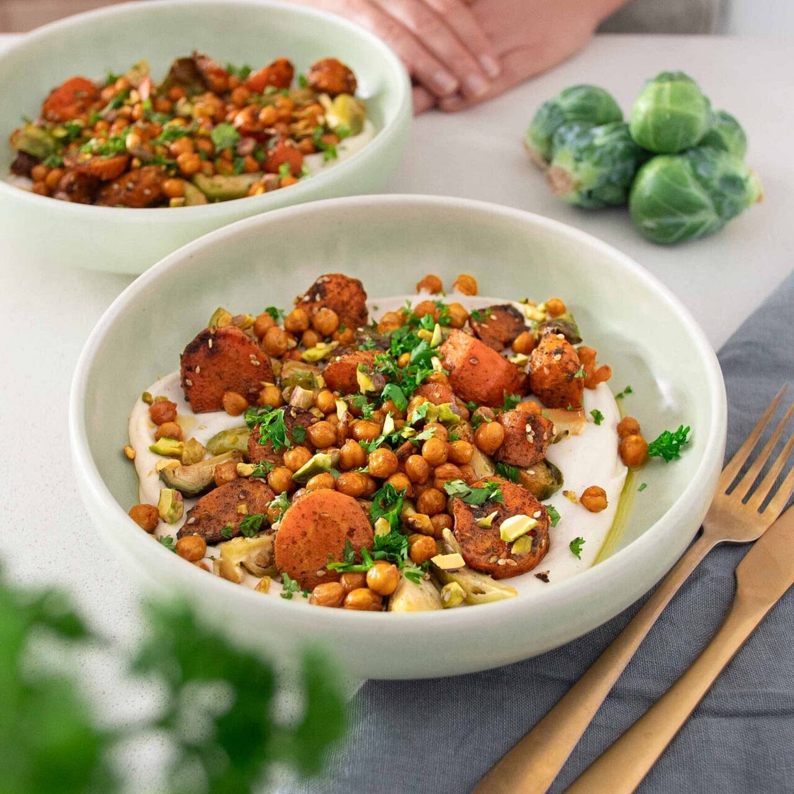 Sweet & Spicy Roasted Veggies on a White Bean Spread