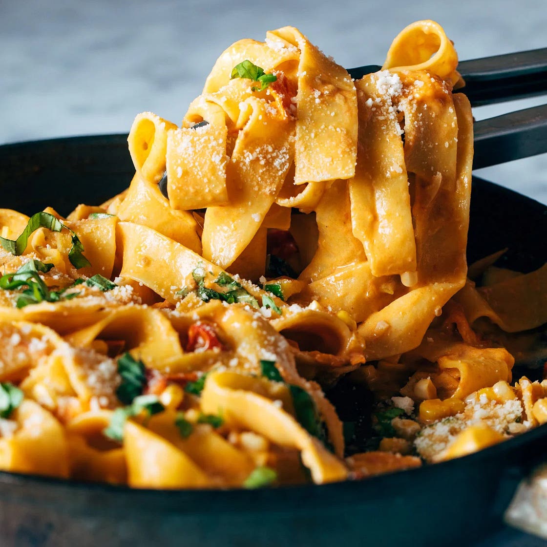 Burst Tomato Pappardelle with Zucchini, Sweet Corn, and Pan-Fried Chicken