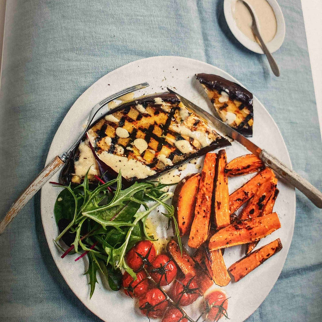 Chargrilled Miso aubergine with sweet potato wedges