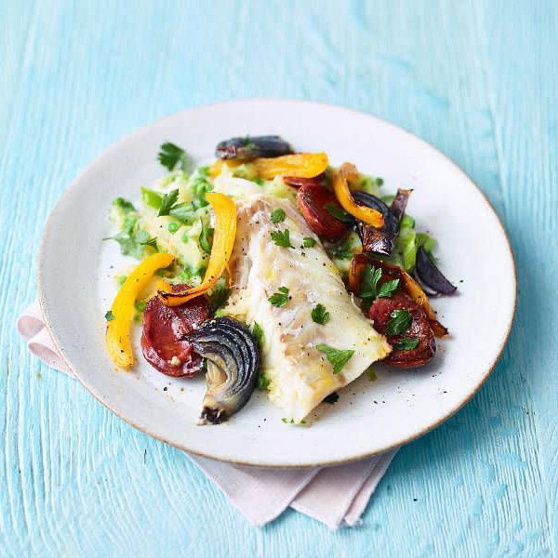 CHORIZO COD WITH PEA & POTATO SMASH