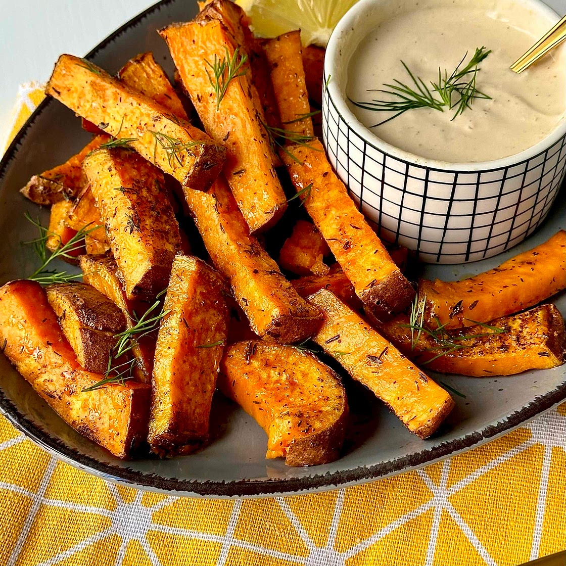 Sweet Potato Wedges with Coconut Tahini dip 