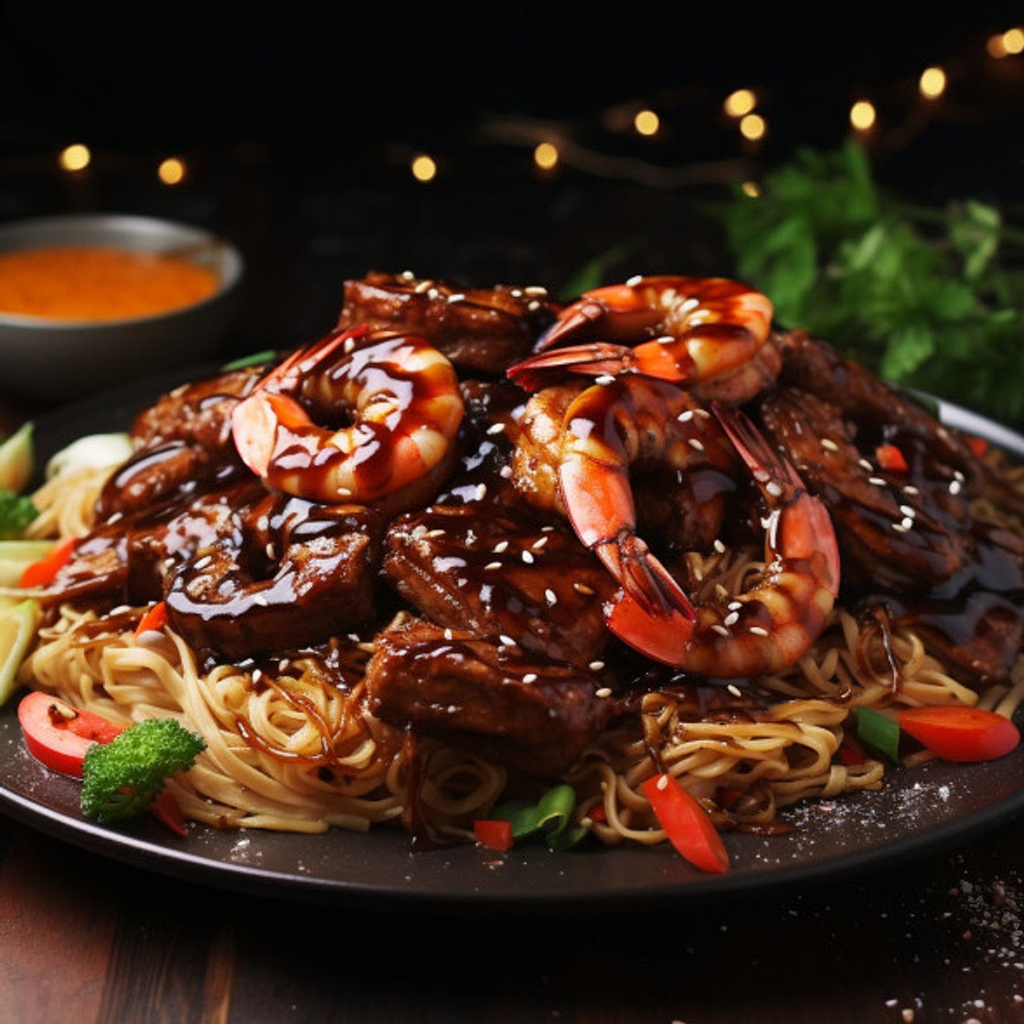 Surf and Turf Teriyaki Noodle Delight – Shrimp & Teriyaki Steak Fusion!