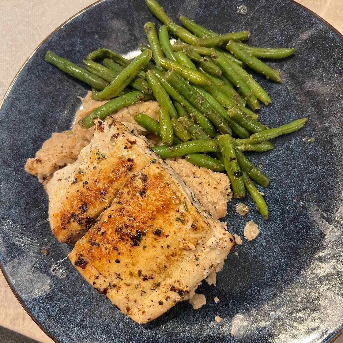 Mahi-Mahi with Smashed White Beans and Sage