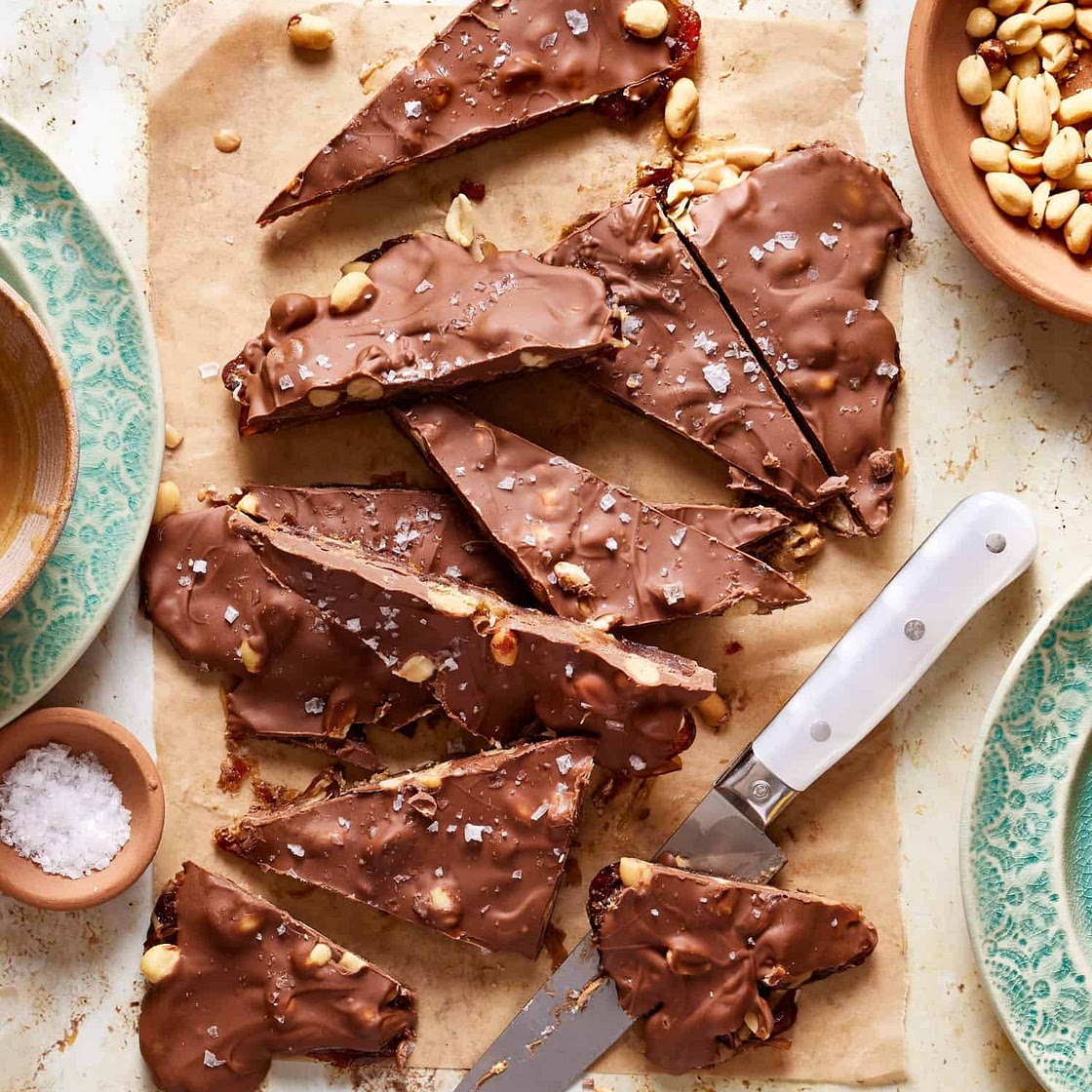 Easy "Snickers" Date Crunch Bark