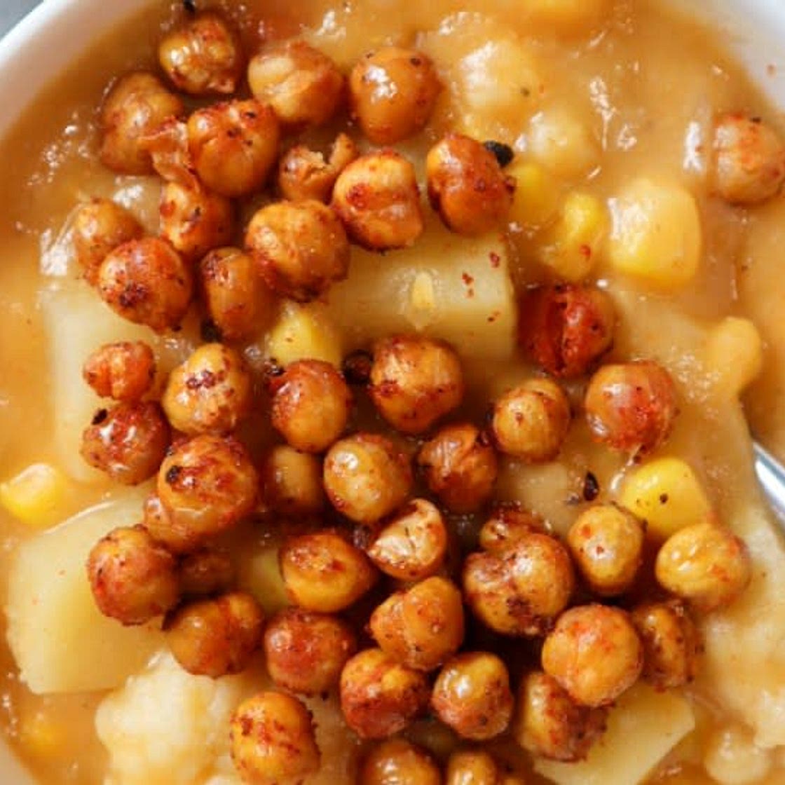 Vegan Corn Chowder with Crispy Chickpeas