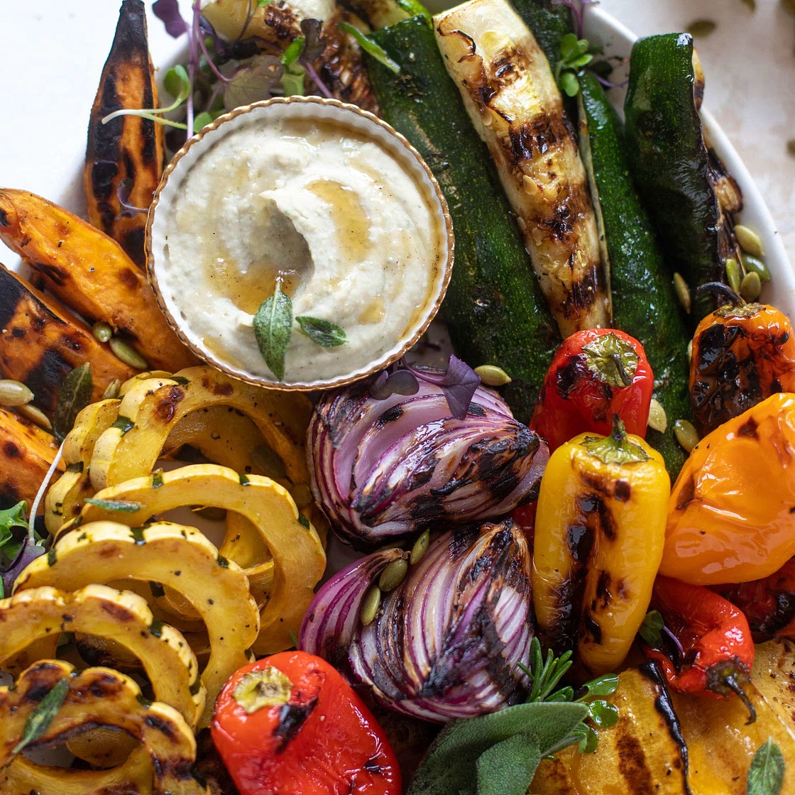 Vegetable Platter Grilled with Sage Brown Butter Bean Dip