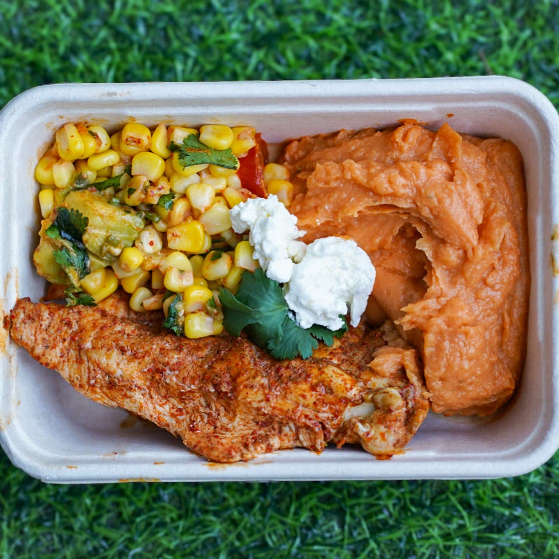 Cajun chicken with sweet potato mash and corn salsa