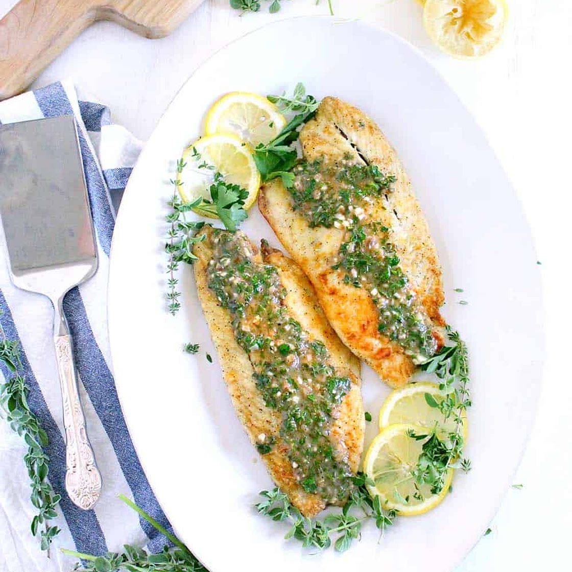 Pan Fried Sea Bass with Lemon Garlic Herb Sauce