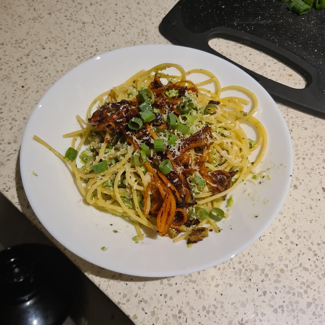 Pea pesto spaghetti on carrot noodles