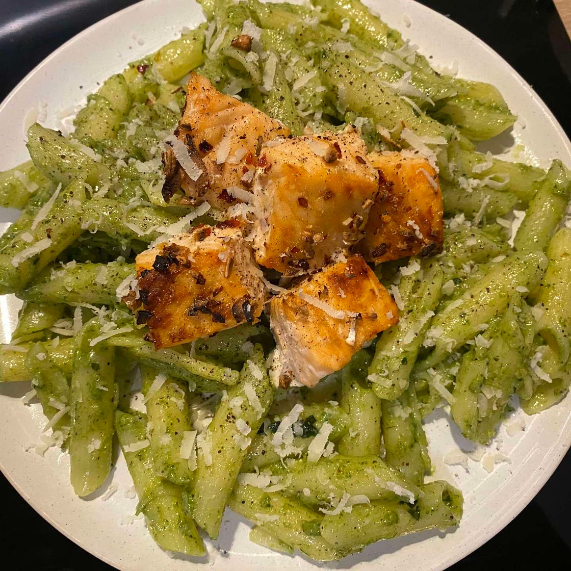 Homemade Pesto Pasta with Spicy Honey Glazed Salmon Bites
