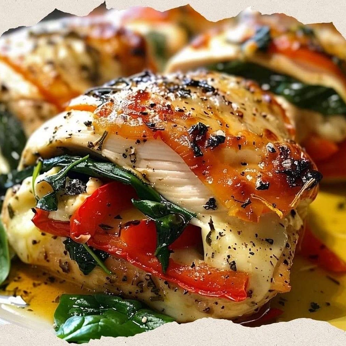 Roasted red pepper, spinach and mozzarella stuffed chicken