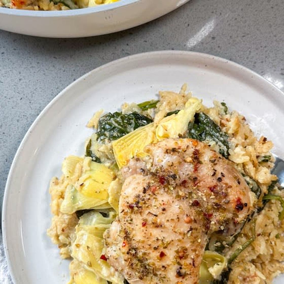 One Pot Spinach and Artichoke Chicken and Rice