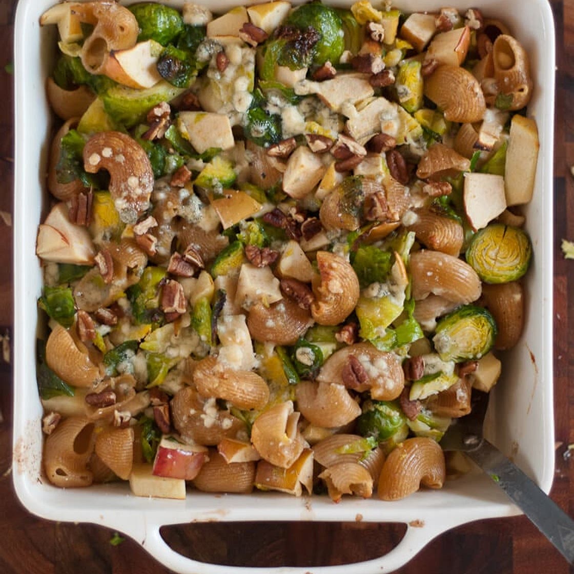 Baked Chiocciole with Brussels Sprouts, Apples and Blue Cheese