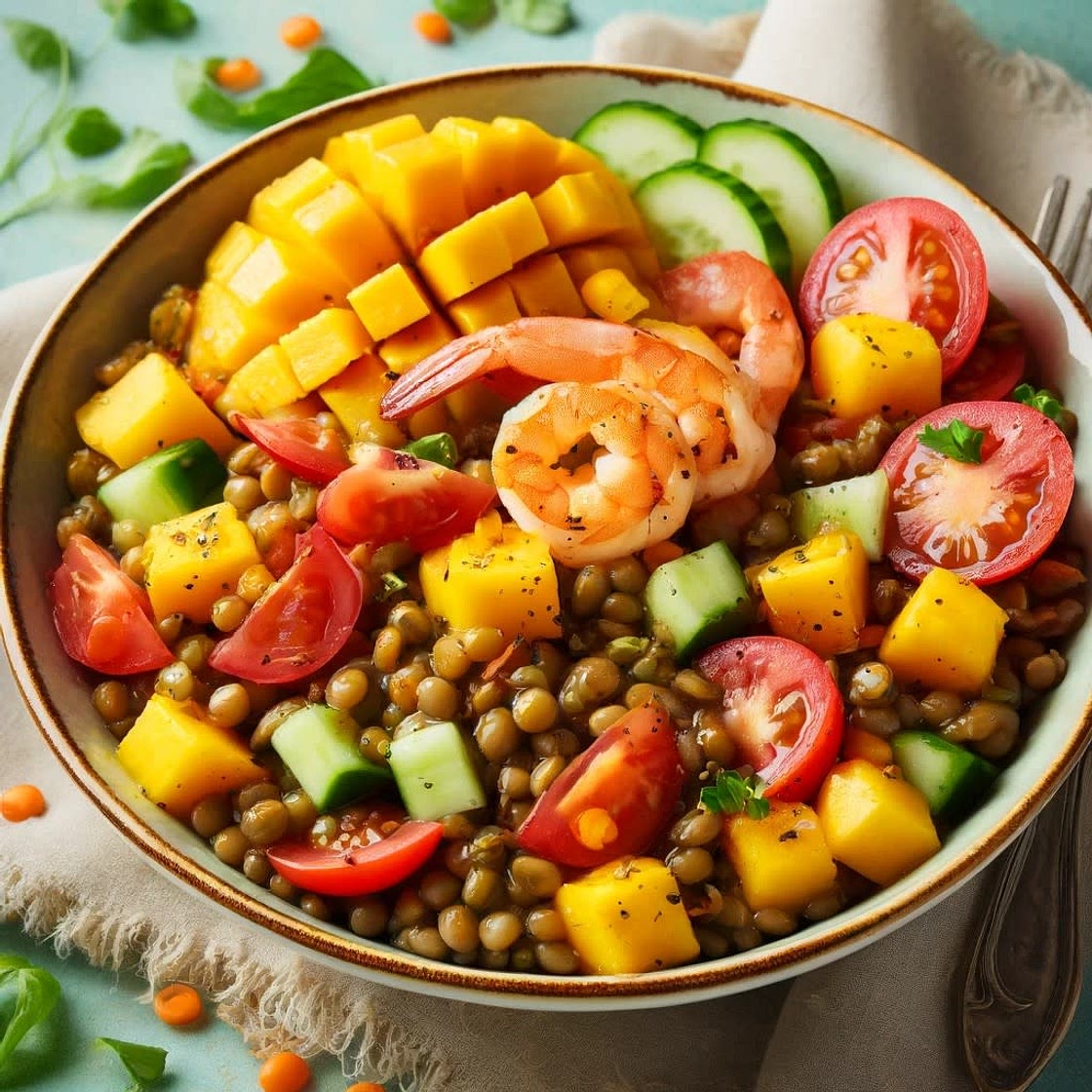 Salade lentilles, mangue, crevettes