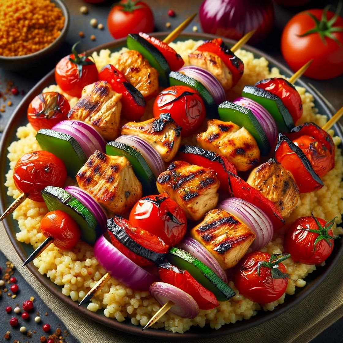 Brochettes de poulet légumes et boulgour