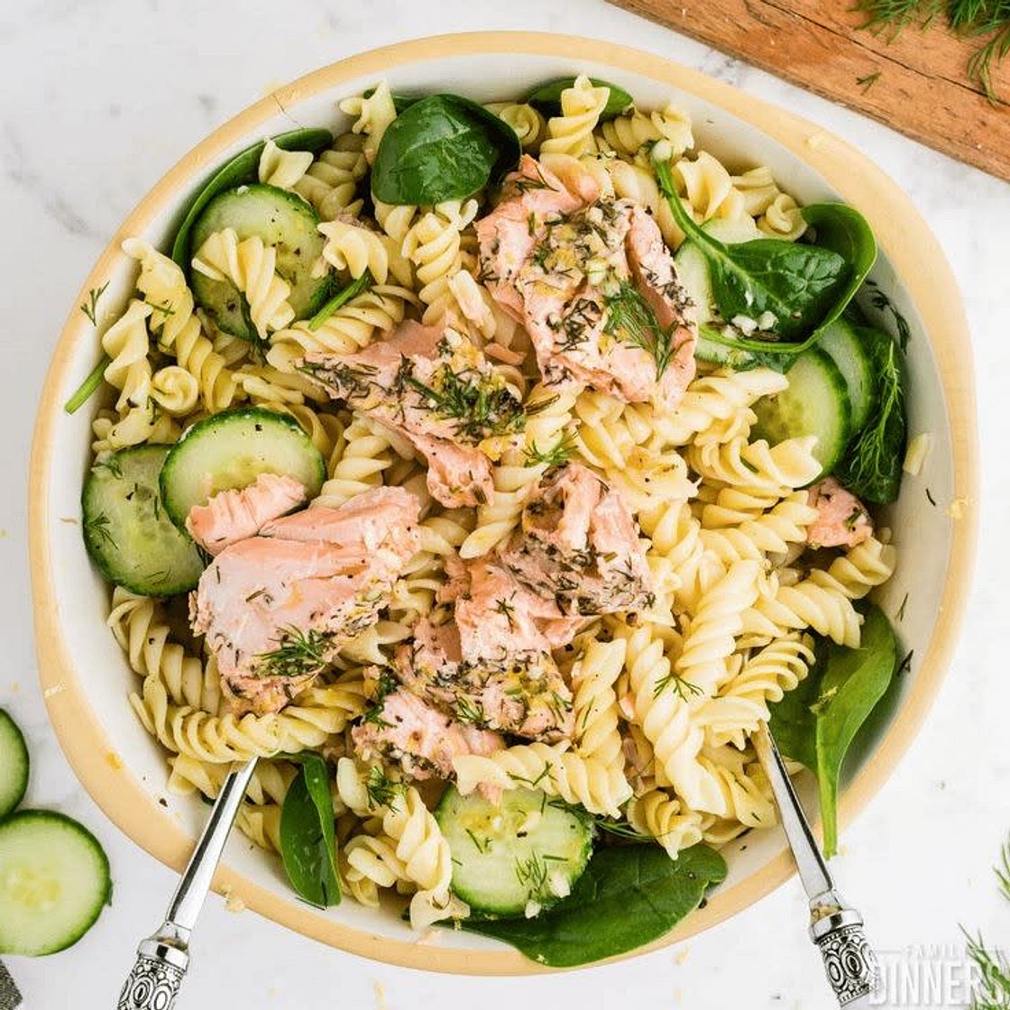 Salmon, Pasta and Salad
