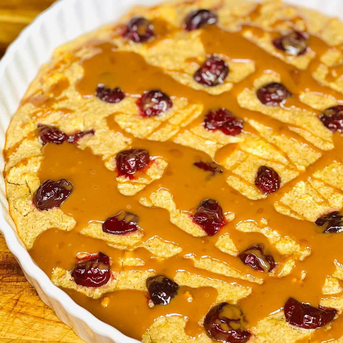 Baked Oats with Sour Cherry and Chocolate Ganache