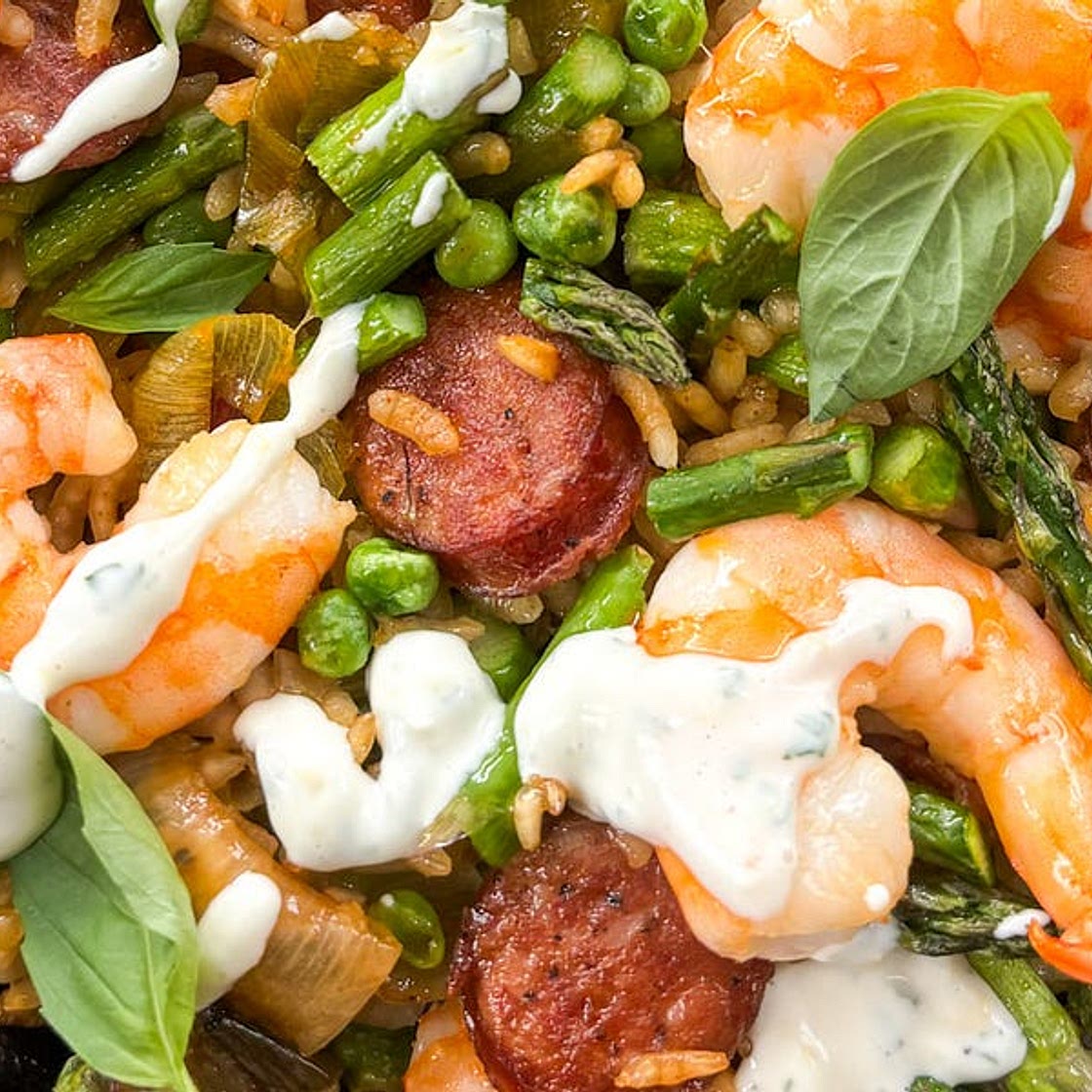 shrimp, sausage, and veggie paella