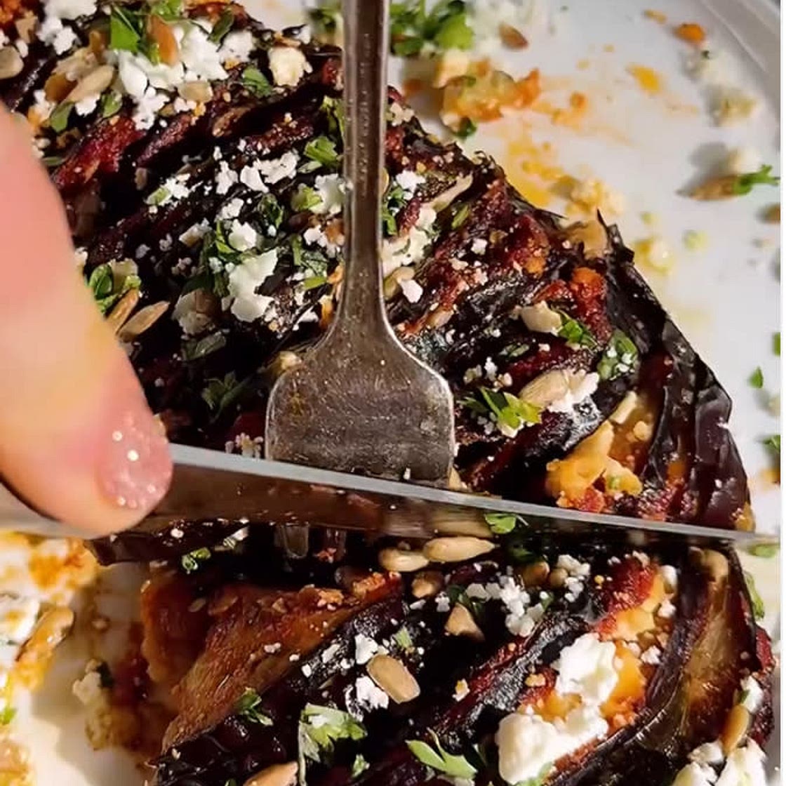 Hasselback Aubergine with tomato butter and feta