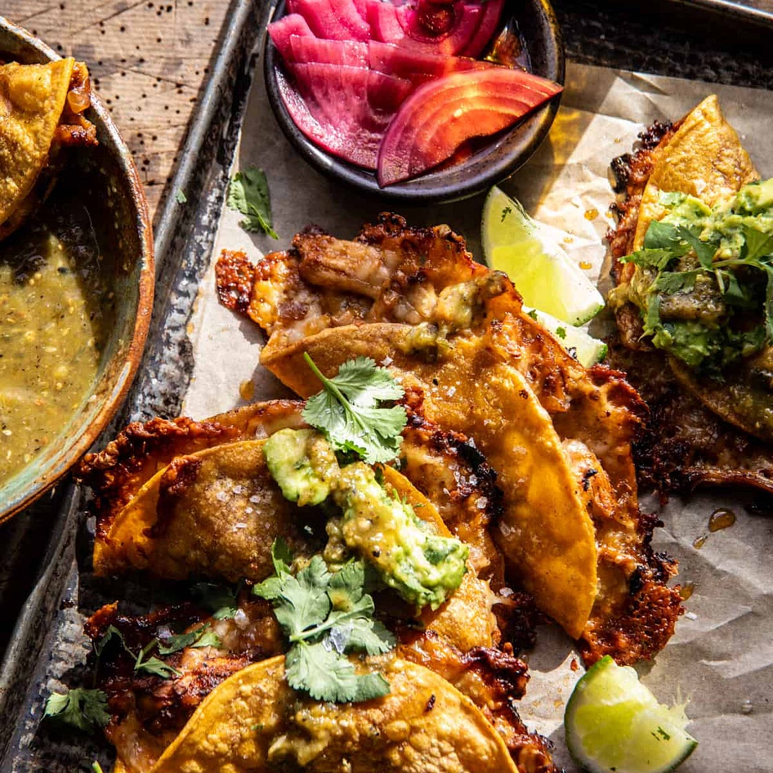 Sheet Pan Crispy Chicken Tacos with Roasted Jalapeño Sesame Verde