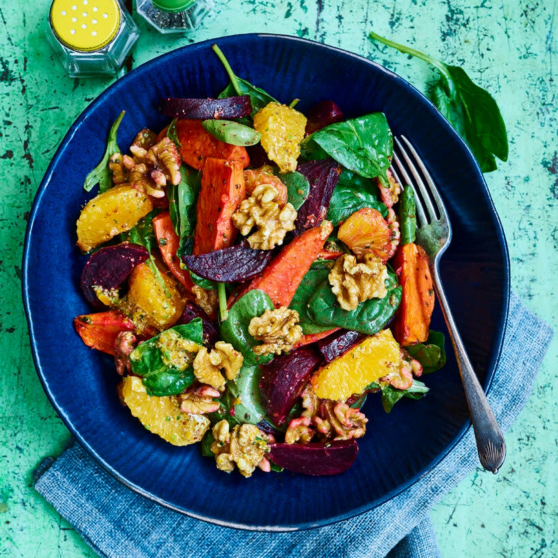 Beet, sweet potato, and orange salad