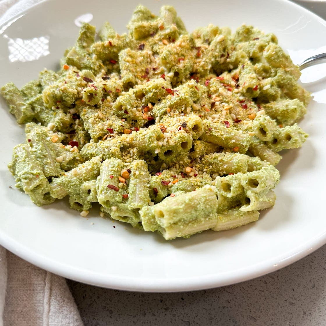 Creamy Green Vegetable Pasta with Cashew "Parm"