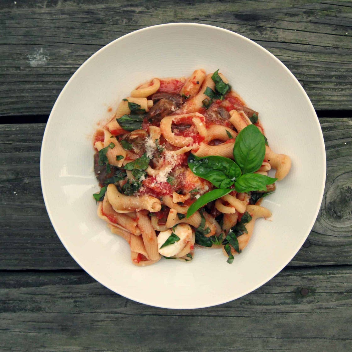 Pasta with Fairytale Eggplant, Tomatoes, Fresh Mozzarella and Basil