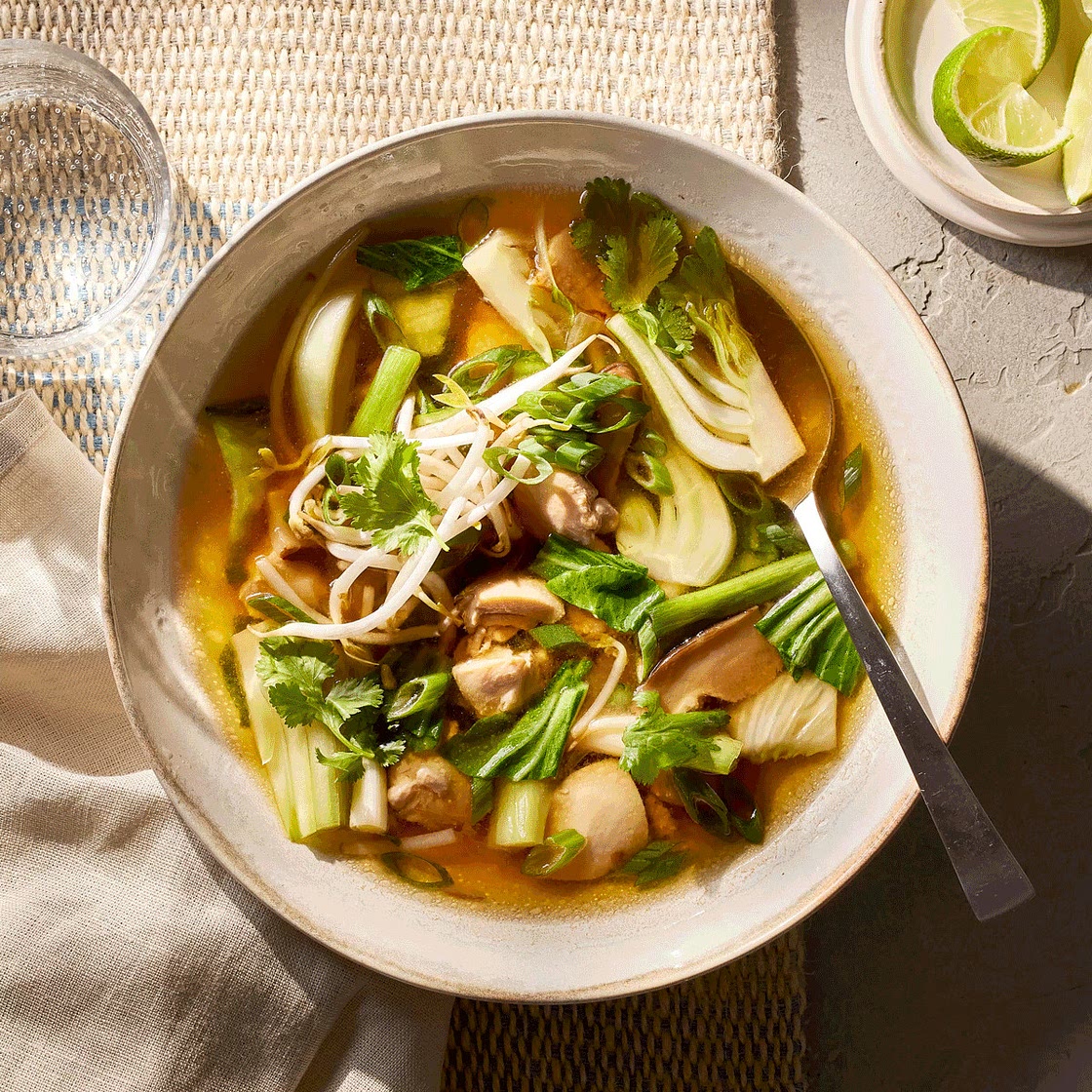 Chicken & Bok Choy Soup with Ginger & Mushrooms