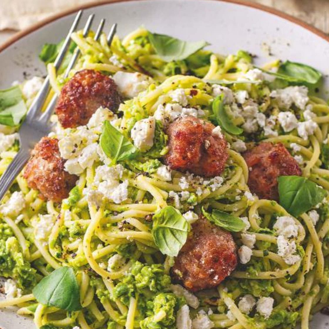 Sausage meatballs with pea pesto and spaghetti