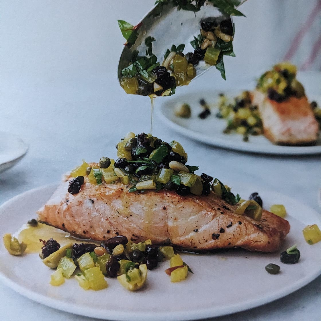 Bridget Jones's pan-fried salmon with pine nut salsa